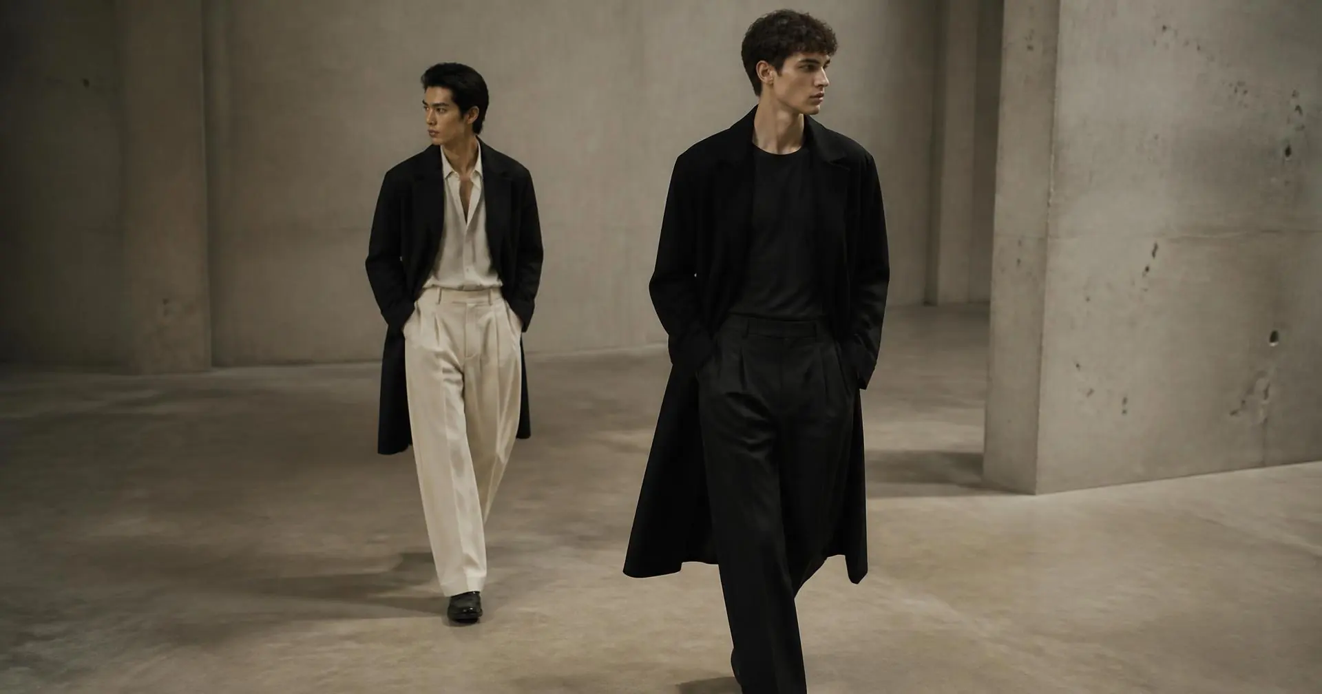 Two models in monochrome menswear